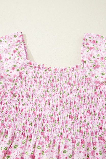 Floral Bubble Sleeve Shirred Waist Maxi Dress