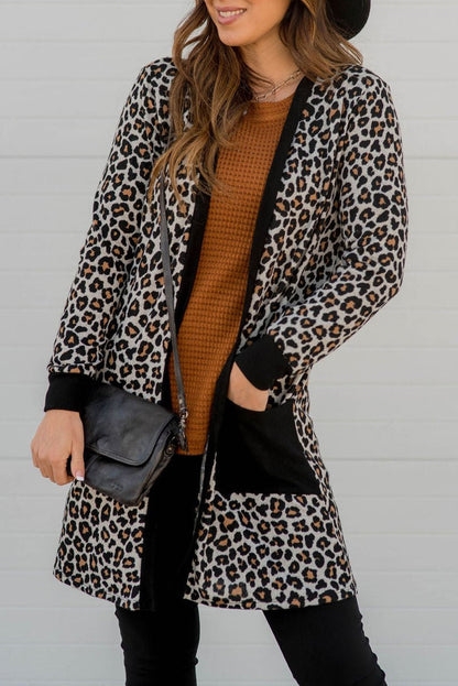 Leopard Open Front Pocketed Cardigan