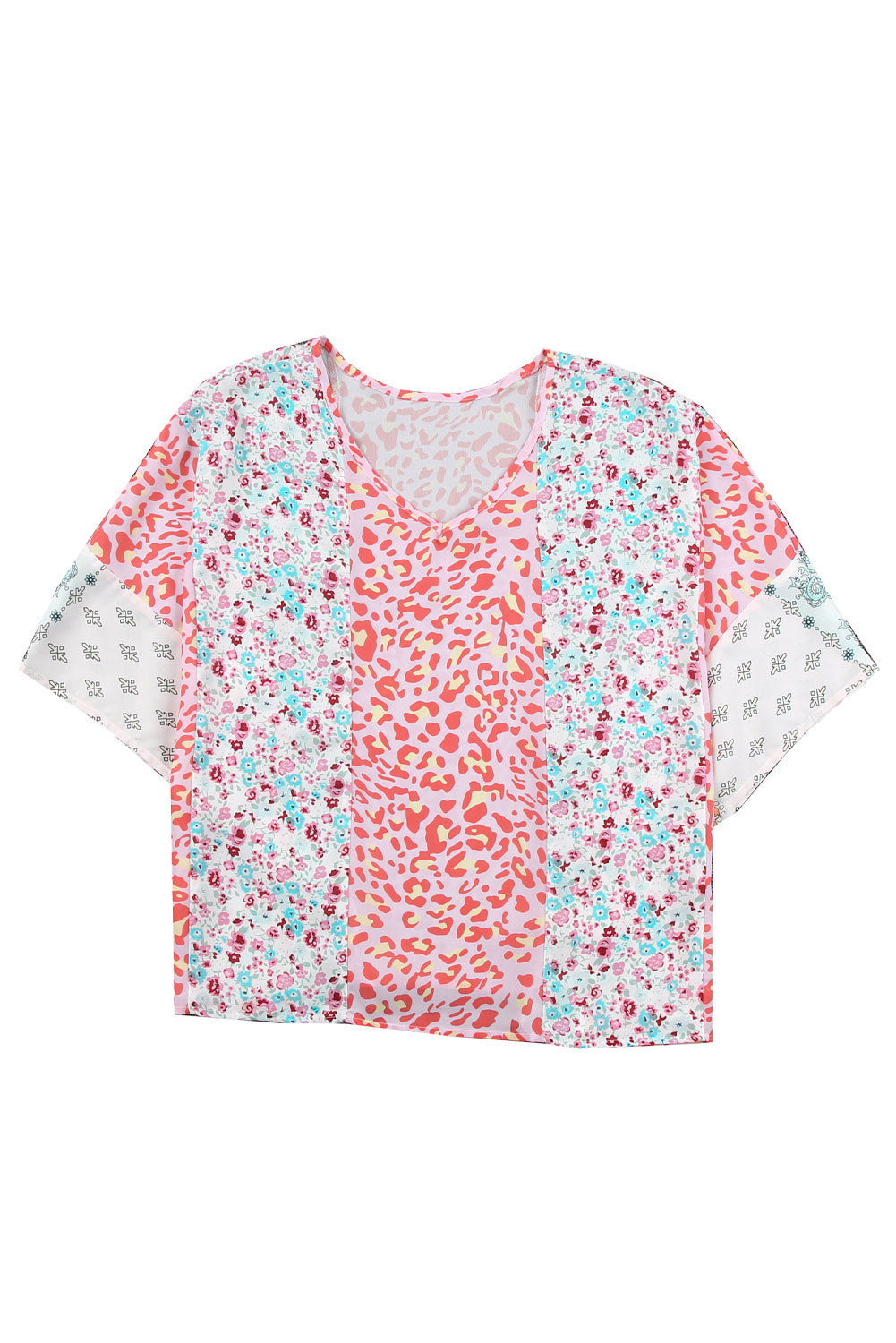 Floral Leopard Colorblock V-Neck Top