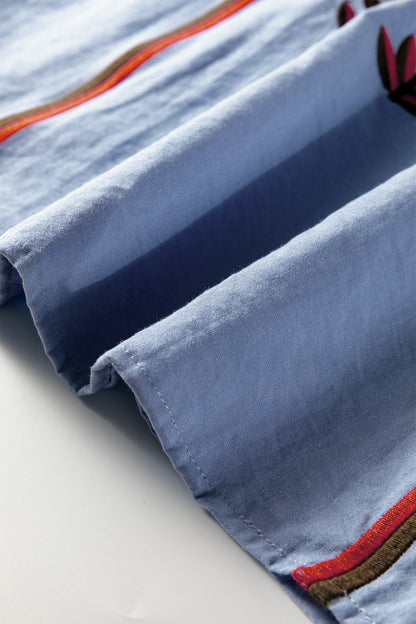 Floral Embroidered Tassel-Tie Puff Sleeve Blouse