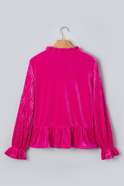 Solid Velvet V-Neck Ruffle Cuff Long Sleeve Top