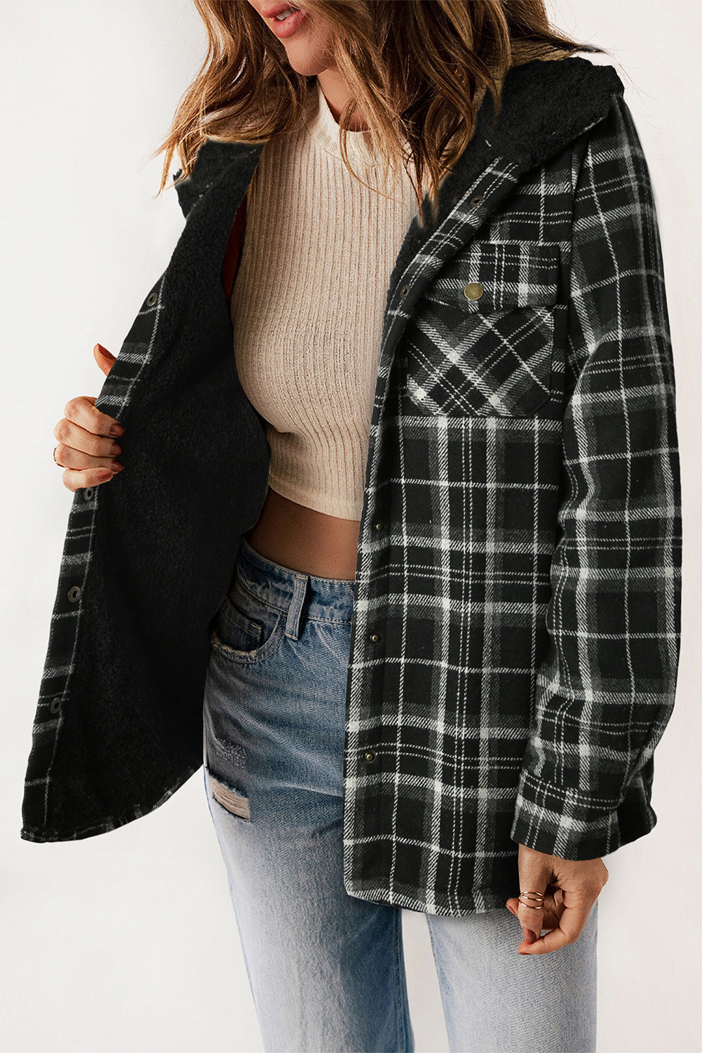 Plaid Sherpa Lined Hooded Shacket