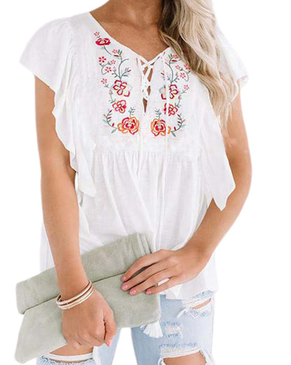 Floral Embroidered Ruffle Lace-Up Top