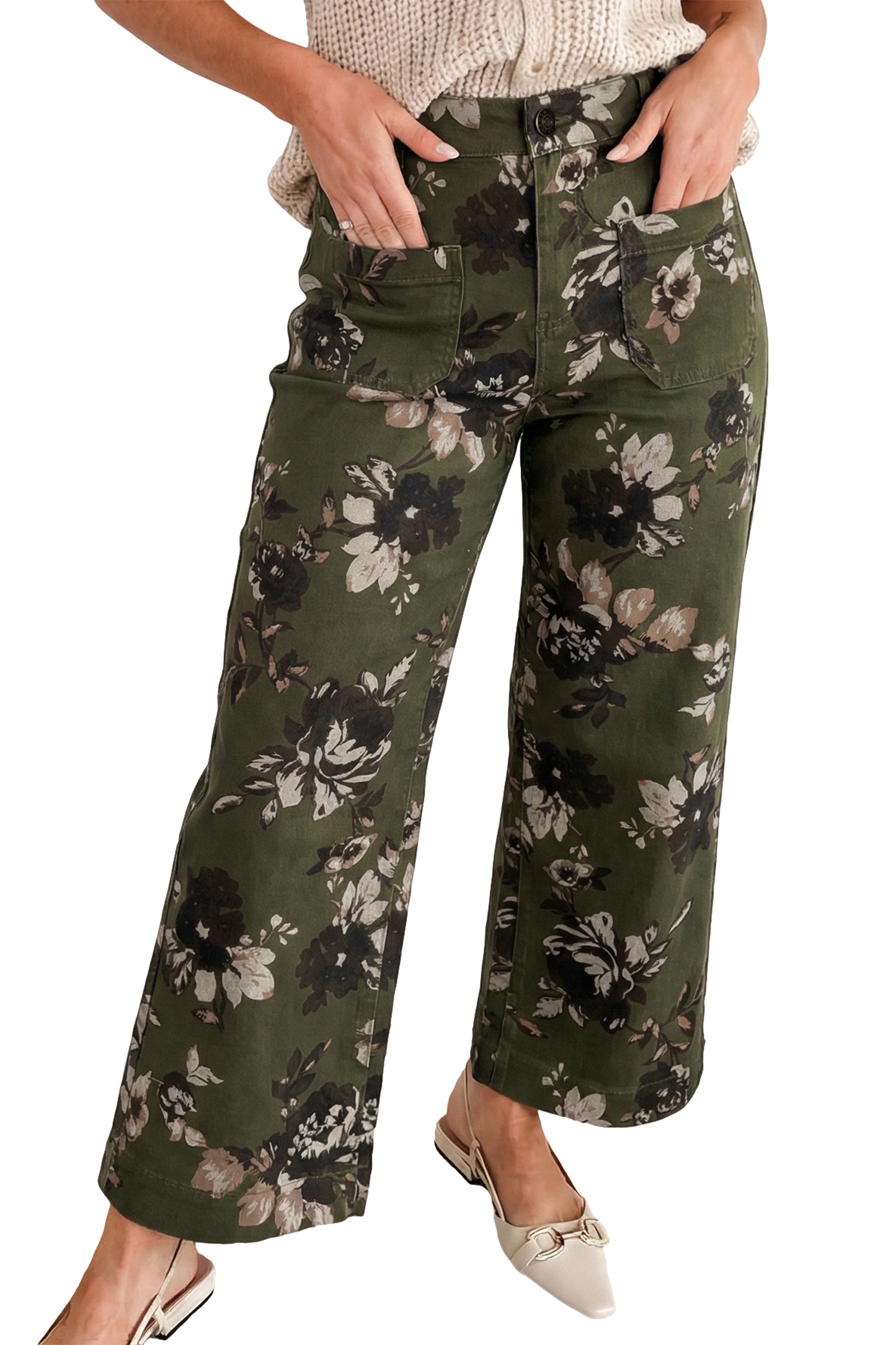 Floral Denim Patch Pocket Straight Leg Jeans