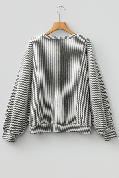 Ribbed Knit Crewneck Long Lantern Sleeve Top
