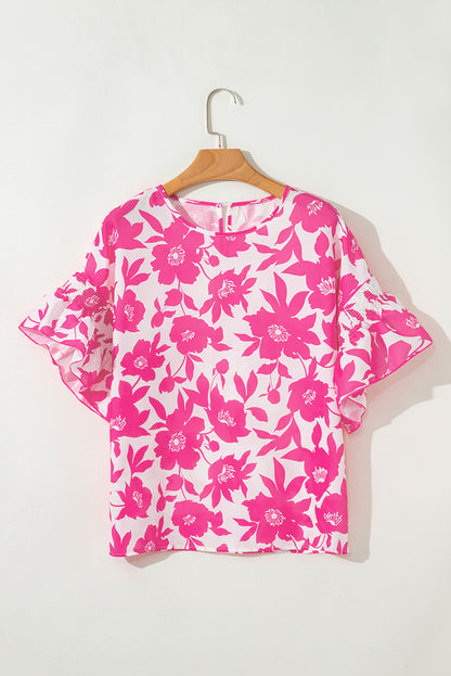 Floral Ruffle Short Sleeve Round Neck Blouse
