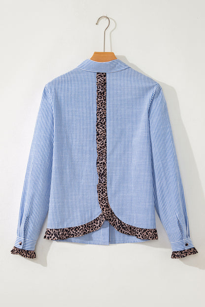 Stripe Leopard Ruffle Long Sleeve Buttoned Shirt