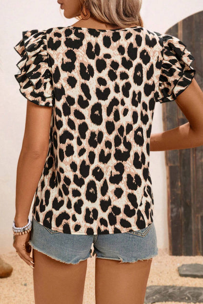 Leopard Ruffle Short Sleeve Blouse