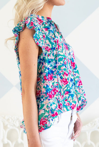 Artsy Floral Pleated Sleeve Top