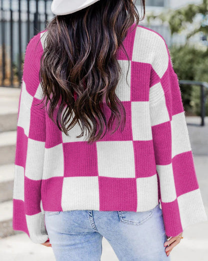 Checker Round Neck Baggy Sweater