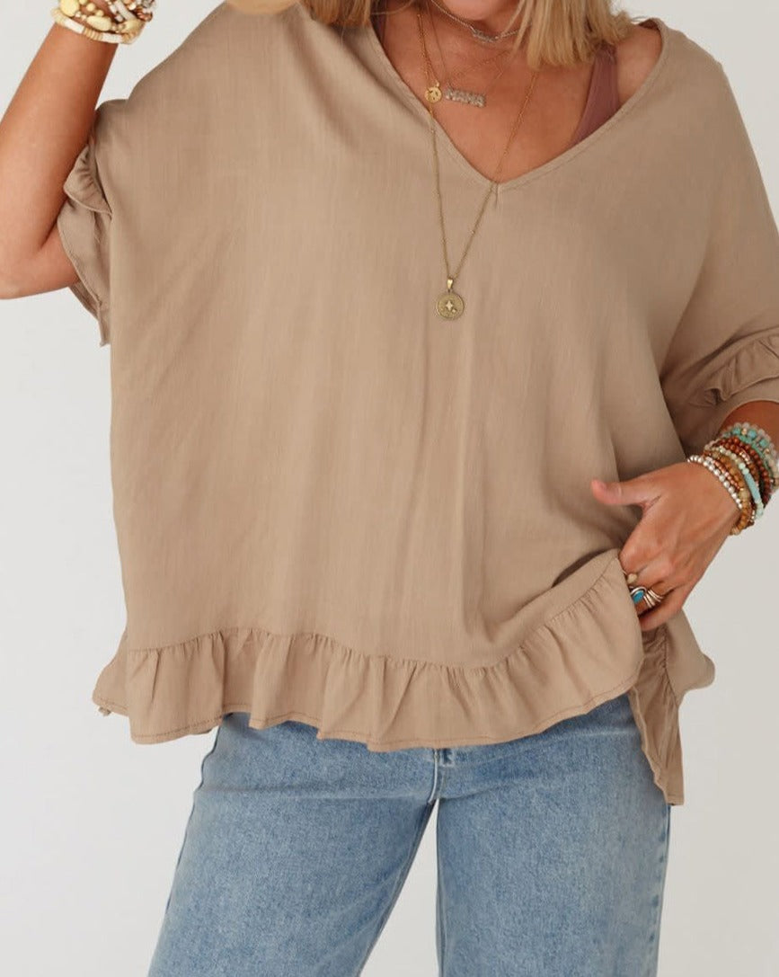 Ruffle Short Sleeve V-Neck Blouse