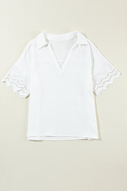 Embroidered Eyelet Crinkled Gauze Collared V-Neck Blouse