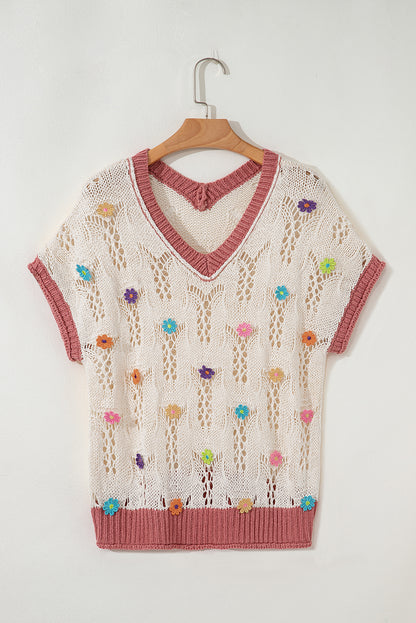 Flower Embroidered Colorblock Edge Hollowed Sweater