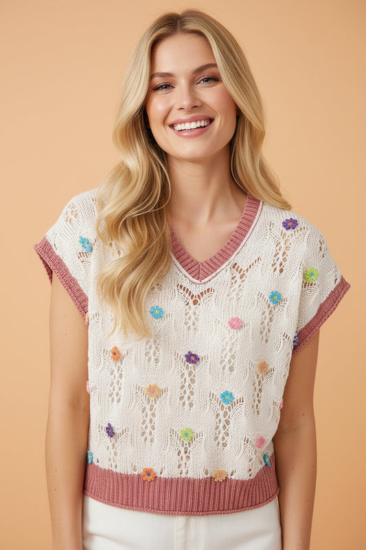 Flower Embroidered Colorblock Edge Hollowed Sweater