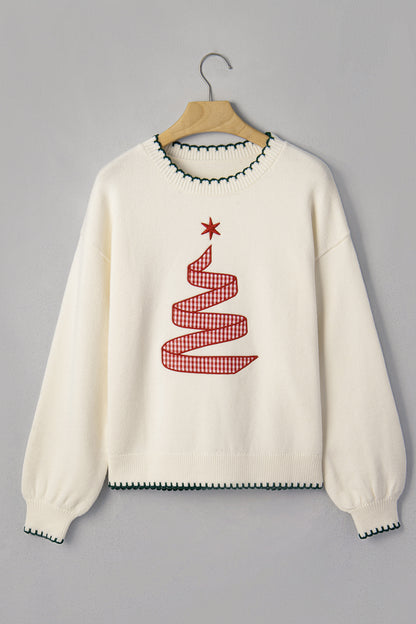 Gingham Christmas Tree Contrast Stitching Sweater