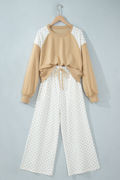 Polka Dot Patchwork Crop Sweatshirt & Pants Set