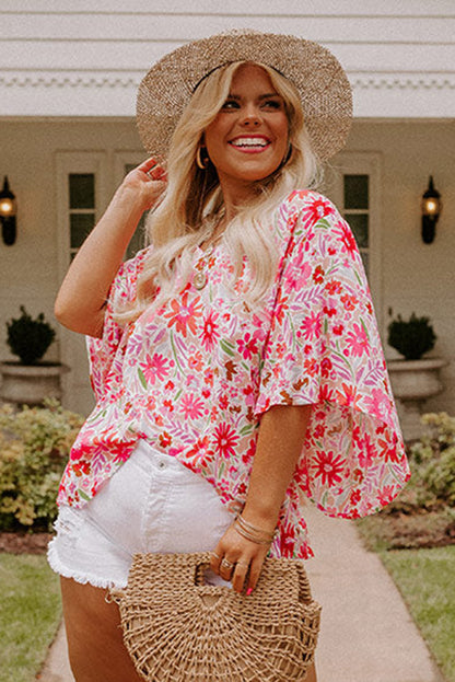 Floral Ruffled Half Sleeve V-Neck Plus Size Blouse