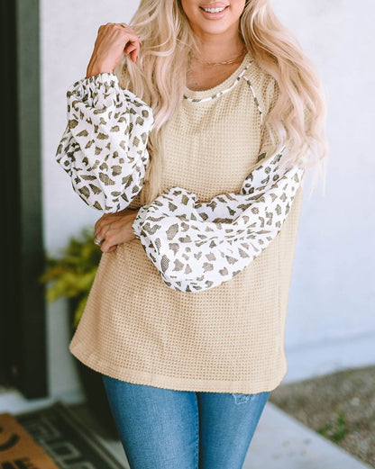 Leopard Patchwork Waffle Knit Top