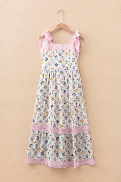 Floral Stripe Detail Knot Strap Maxi Dress