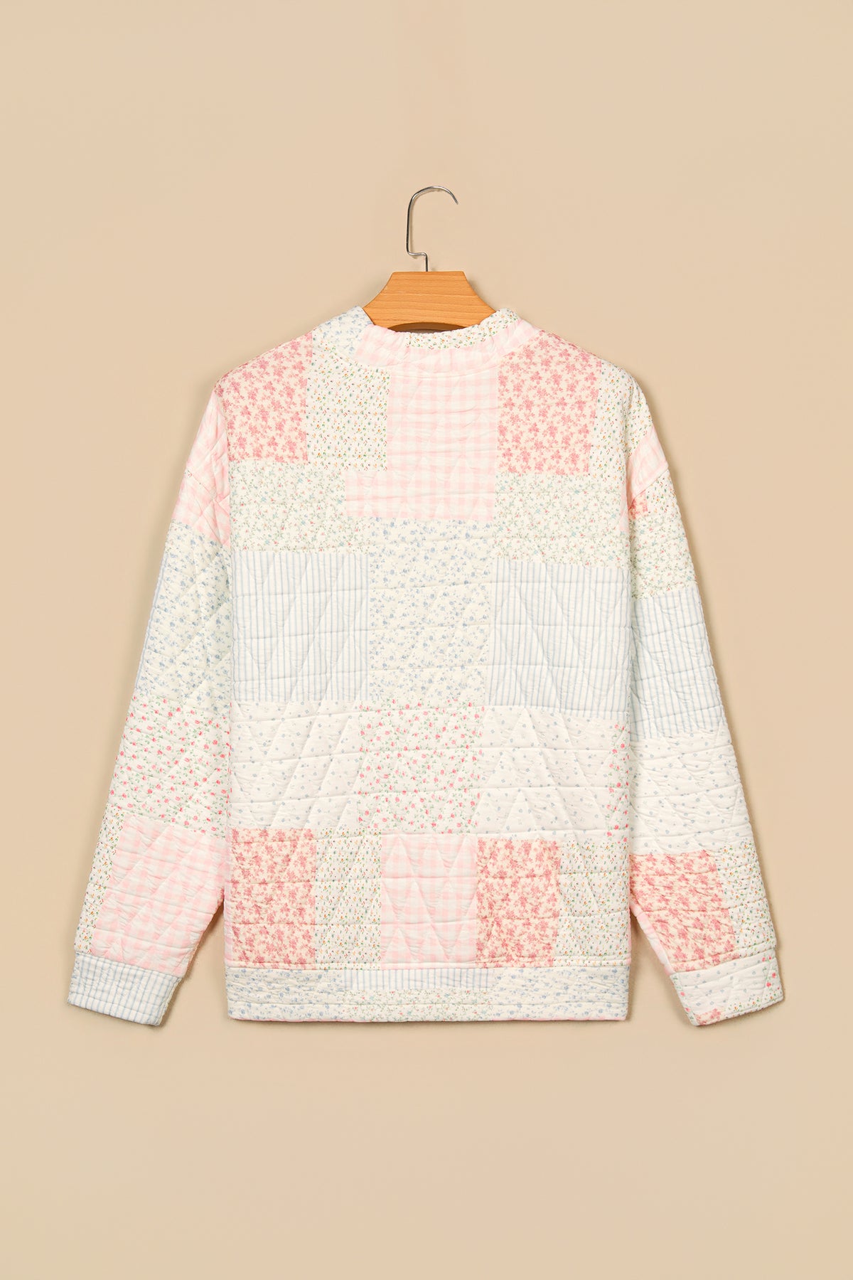 Floral Patchwork Quilted Mock Neck Long Sleeve Top