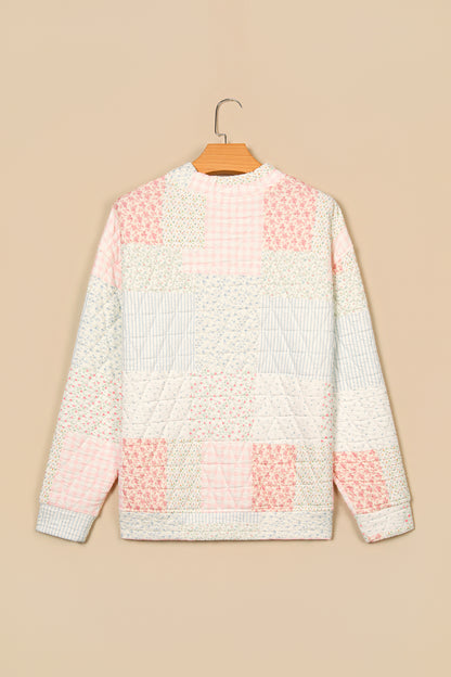 Floral Patchwork Quilted Mock Neck Long Sleeve Top
