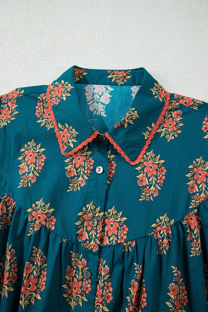 Plus Size Floral Lace Trim Pleated Buttoned Shirt