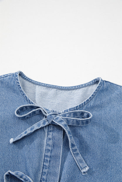 Tied Front Bubble Sleeve Peplum Denim Shirt