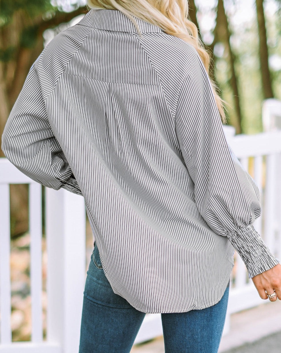 Stripe Smocked Cuff Pocketed Shirt