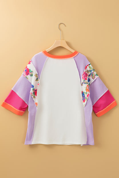 Floral Colorblock 3/4 Sleeve Blouse