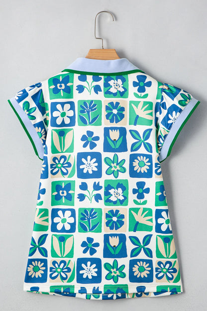 Floral Plaid Trim Collar Flutter Sleeve Blouse