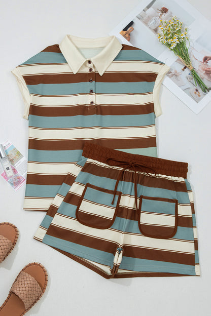 Stripe Polo Collar Tee and Patchwork Shorts Set