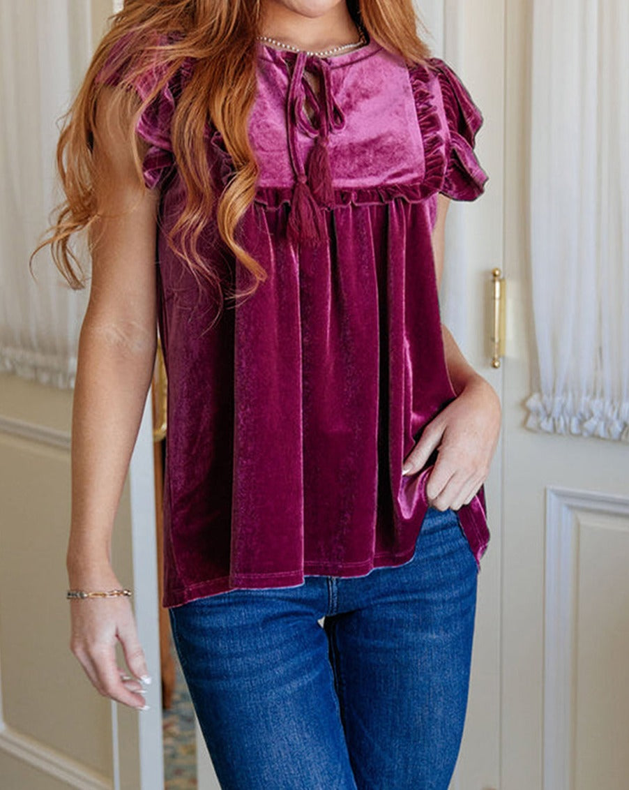 Velvet Ruffle Tassel Tie Blouse