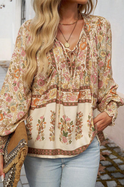 Floral Tie Neck Lantern Sleeve Blouse