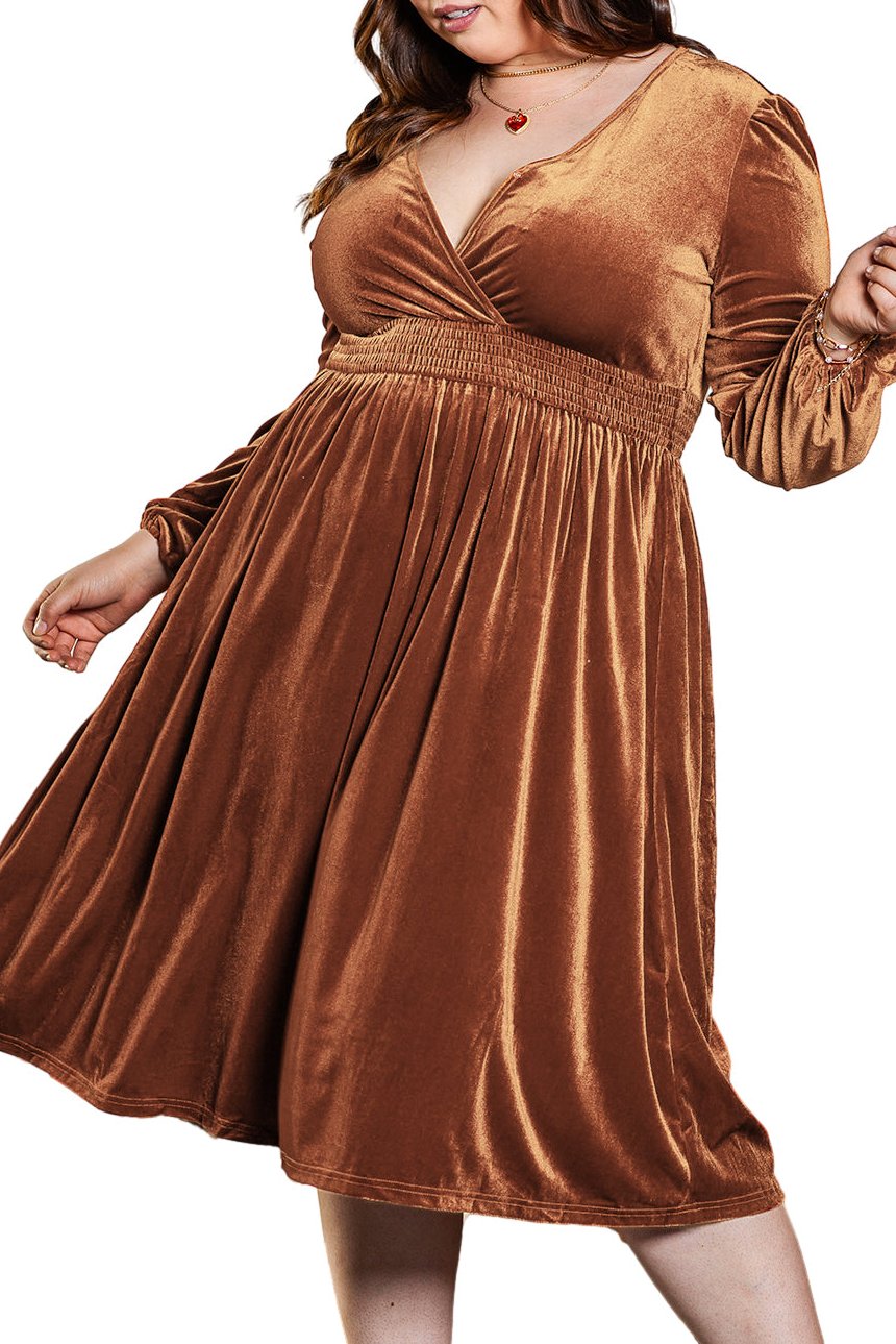 Plus Size Puff Sleeve V-Neck Midi Dress