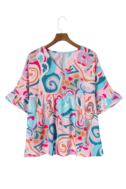 Abstract Ruffle Short Sleeve Blouse