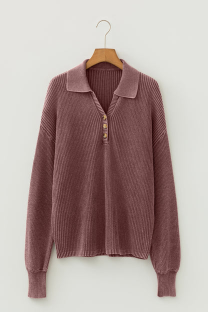 Mineral Wash Buttoned Polo Collar Knit Sweater