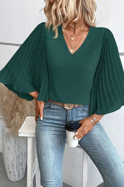 Pleated 3/4 Bell Sleeve Blouse