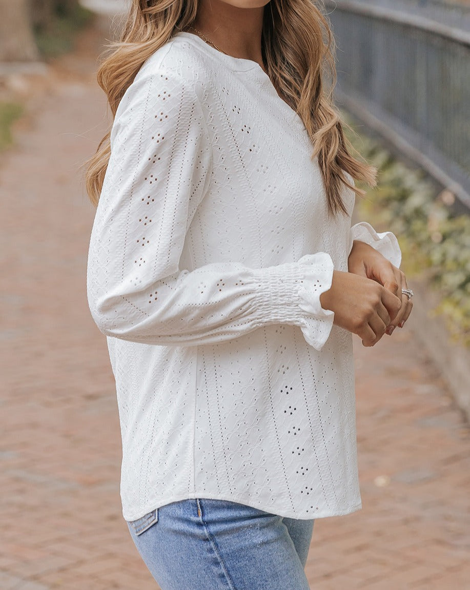 Eyelet Flounced Long Sleeve Blouse