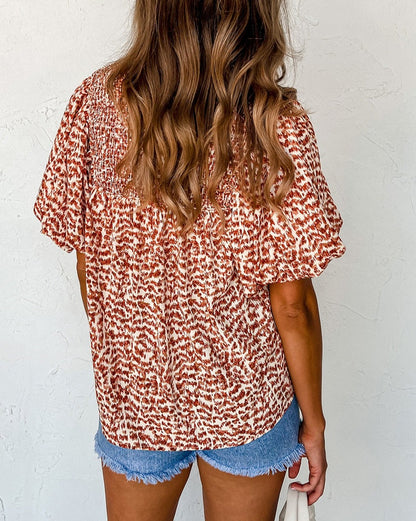 Split Neck Puff Sleeve Blouse