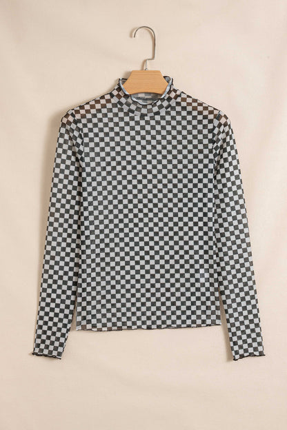 Checker Stand Neck Long Sleeve Mesh Top