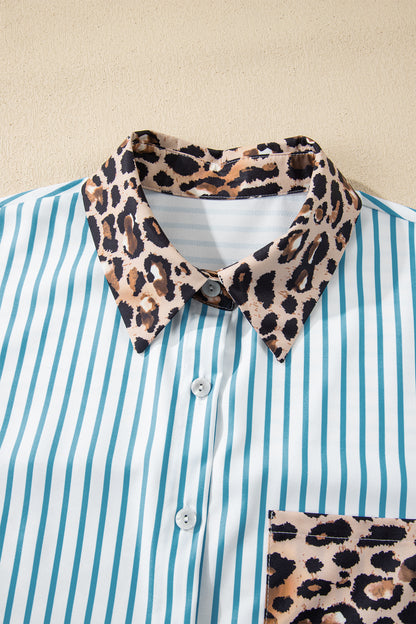Leopard Patchwork Stripe Shirt Dress with Slits