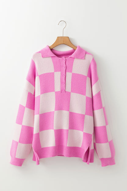 Checker Half Buttoned Collar Drop Shoulder Sweater