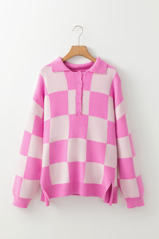 Checker Half Buttoned Collar Drop Shoulder Sweater