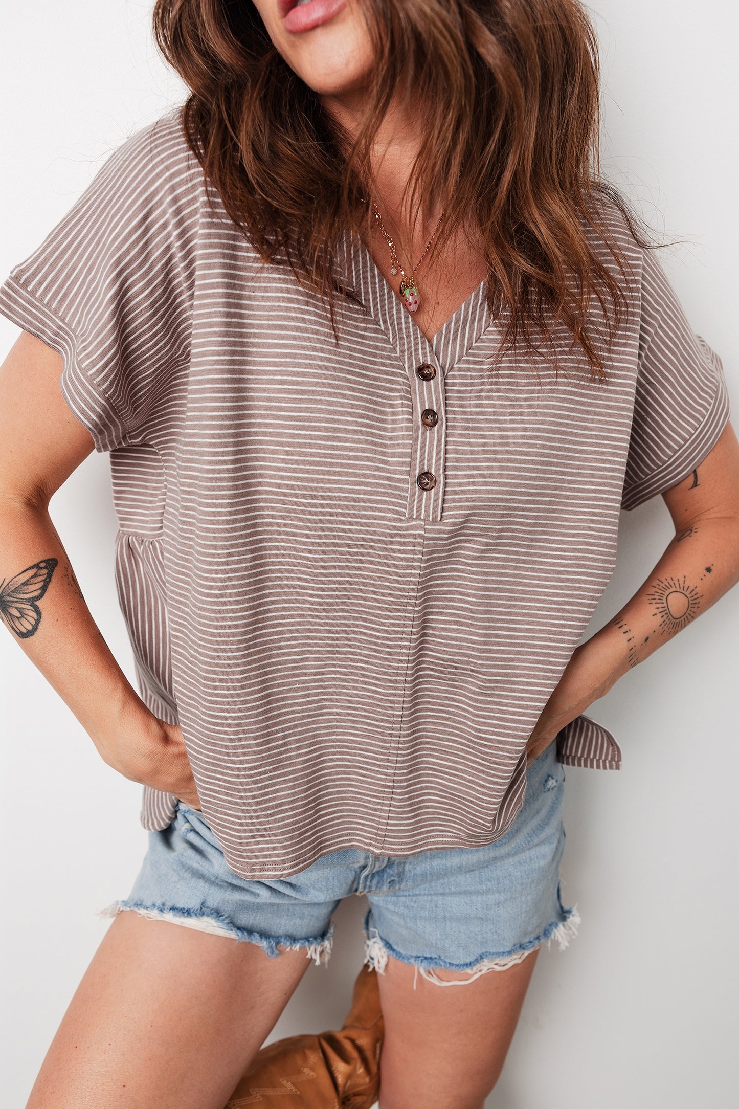 Stripe Buttoned V-Neck Short Sleeve T-Shirt