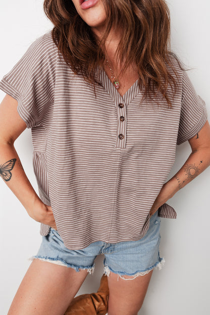 Stripe Buttoned V-Neck Short Sleeve T-Shirt