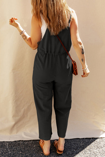 Button Straps Drawstring Cropped Overall