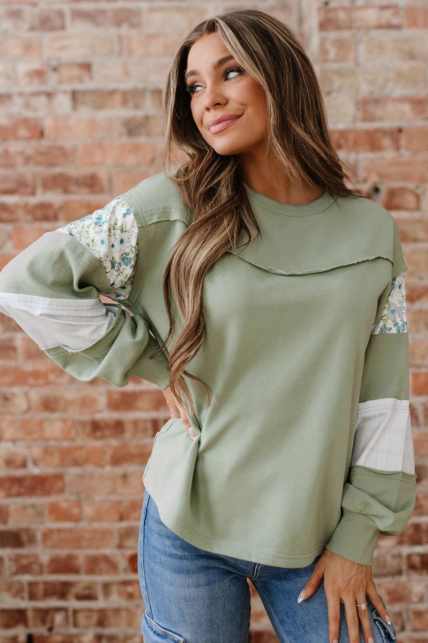 Floral Plaid Patchwork Sleeve French Terry Top