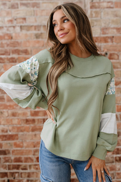 Floral Plaid Patchwork Sleeve French Terry Top