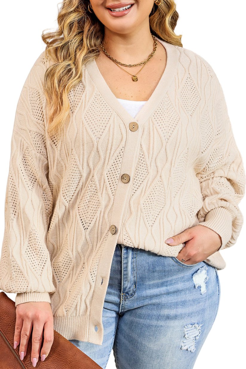 Plus Size Cable Knit Buttoned V-Neck Cardigan