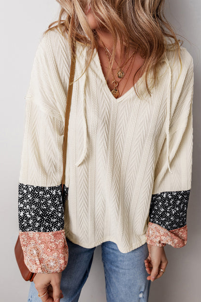 Floral Patchwork Textured Knit V-Neck Blouse